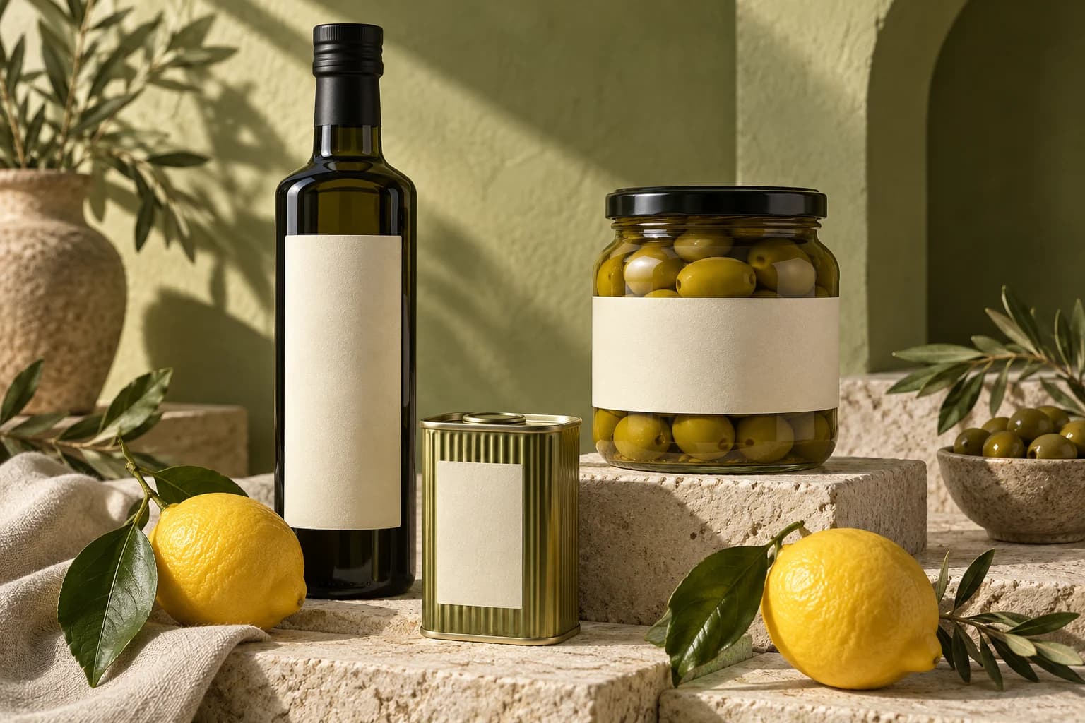 Concept still life of olive oil, pantry jars and citrus.
