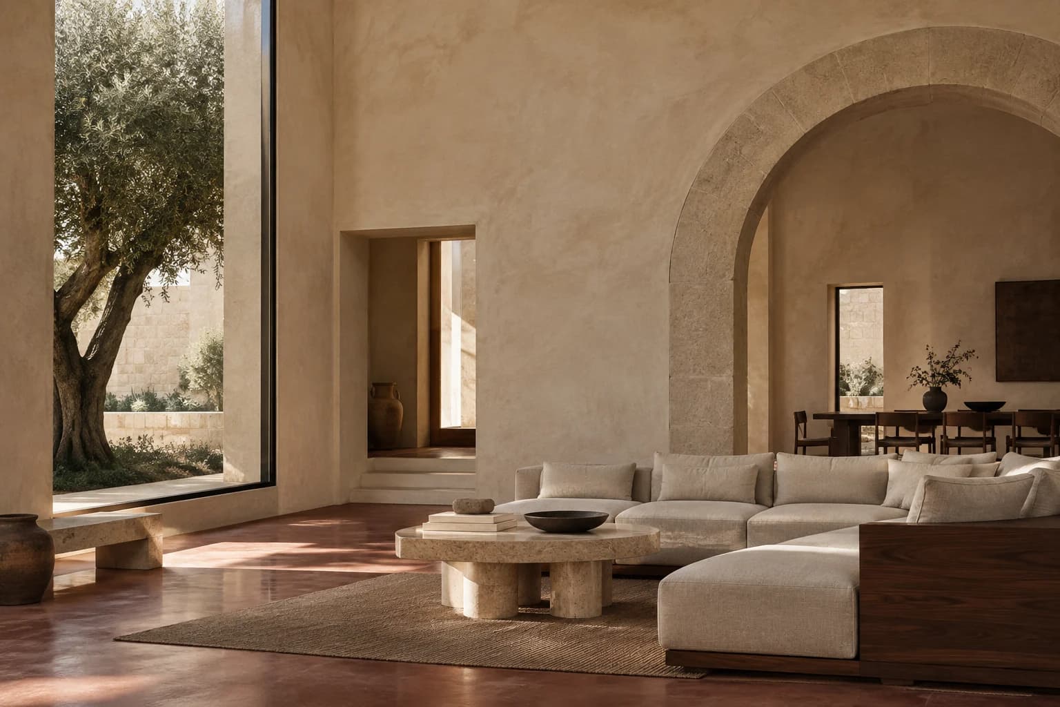 Concept interior with a stone arch, linen sofa and warm natural light.